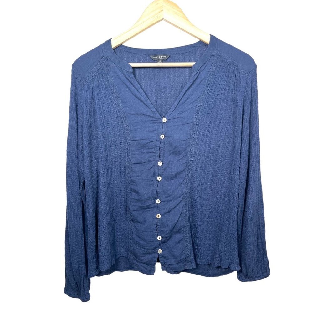 Lucky Brand navy linen blend boho boxy blouse size L